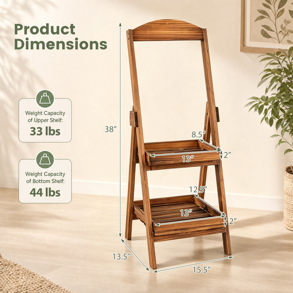 2-tier ladder shelf in rustic fir wood, featuring a stable triangular design and open layout for plants and decor.