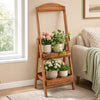 Rustic 2-tier ladder shelf made of carbonized fir wood, ideal for displaying potted plants in living rooms or balconies.