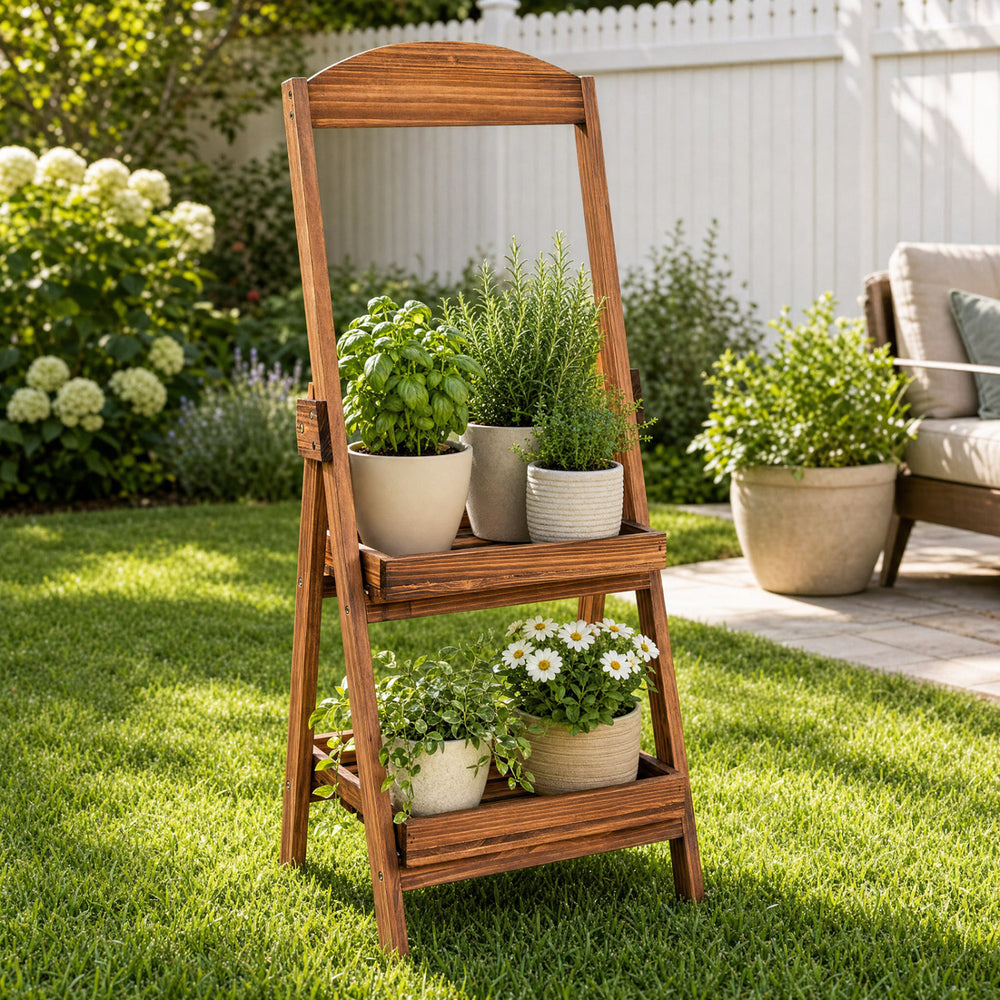 Rustic 2-tier ladder shelf made of carbonized fir wood, designed to maximize vertical space for displaying potted plants outdoors.