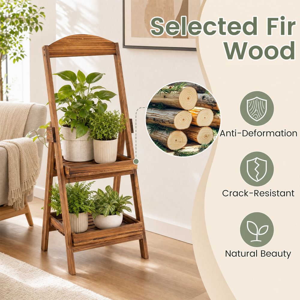 2-tier ladder shelf made of carbonized fir wood, featuring a rustic design perfect for displaying plants and decorations.
