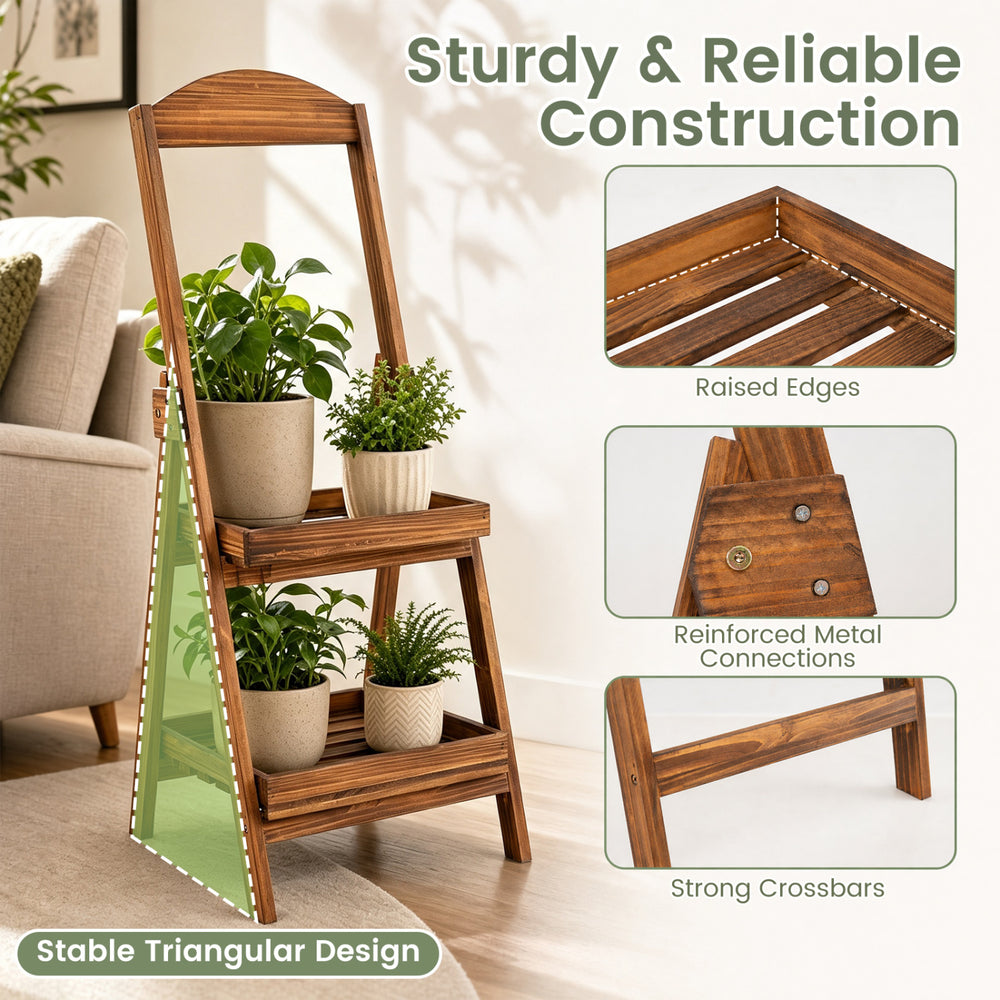 Rustic 2-tier ladder shelf made of carbonized fir wood, featuring raised edges and a stable triangular design for plants.