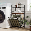 2-tier laundry hamper with tilt-out basket in black, featuring shelves for towels and storage near a washing machine.