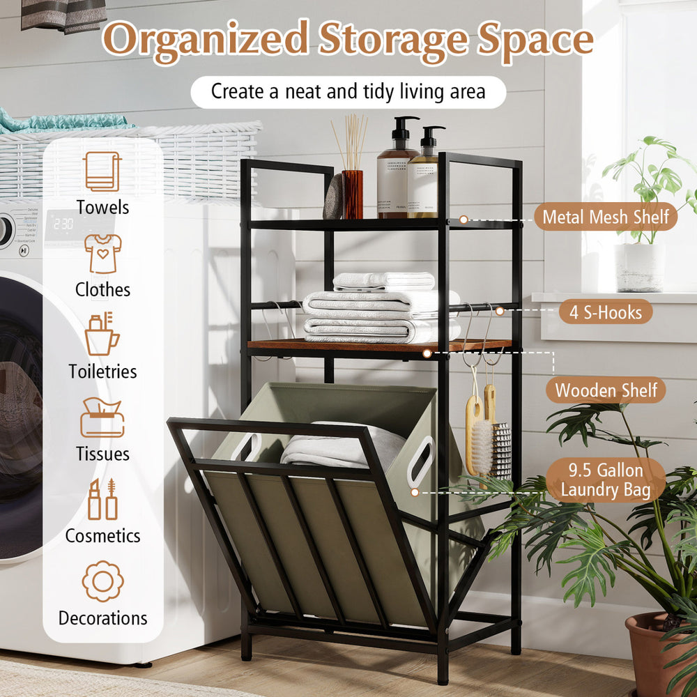 2-tier laundry hamper with tilt-out basket in black, featuring metal mesh shelves and 4 hooks for organized storage.