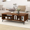 Walnut 2-tier mid-century modern coffee table with storage shelves and compartments, perfect for living room.