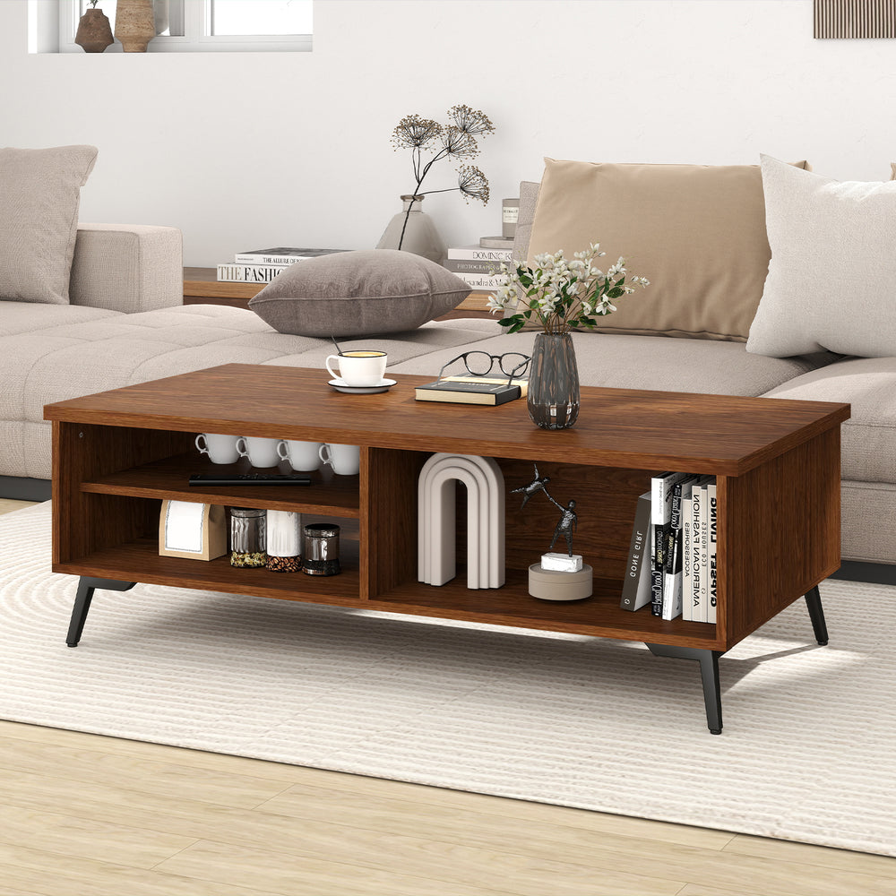 Walnut 2-tier mid-century modern coffee table with storage shelves and compartments, perfect for living room.