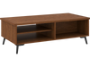Walnut 2-tier mid-century modern coffee table with storage shelves and open compartments for easy access.