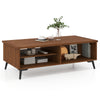 Mid-century modern coffee table in walnut with 2-tier storage shelves and open compartments for easy access.