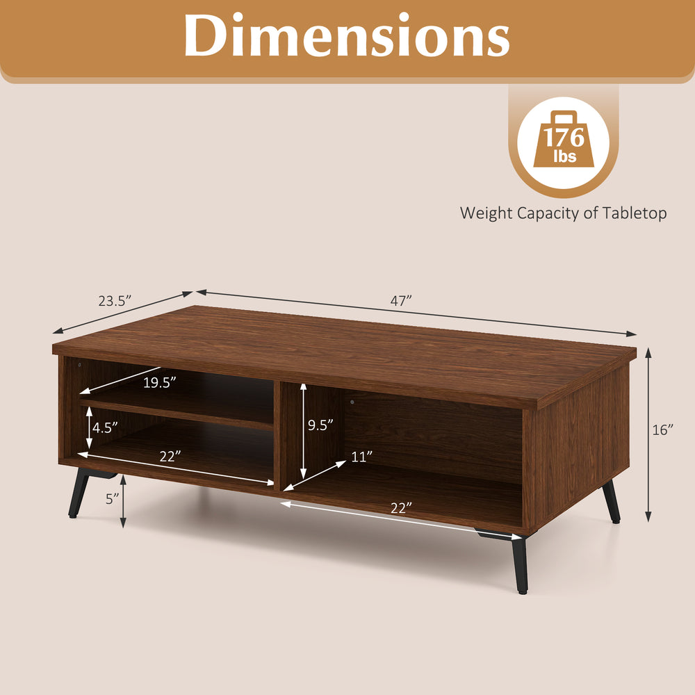 Mid-century modern coffee table in walnut with 2-tier storage shelves and compartments, ideal for living room.