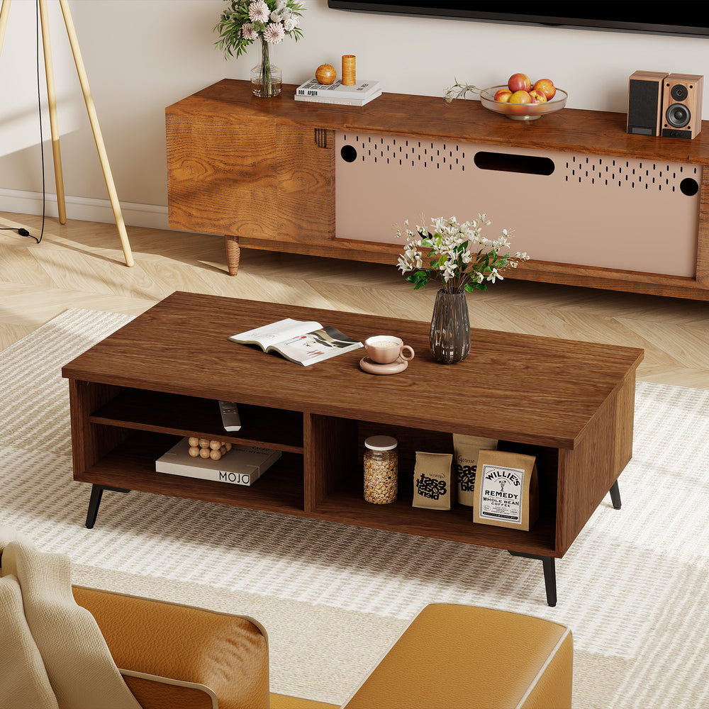 Mid-century modern walnut coffee table with 2-tier storage shelves and metal legs, perfect for living room essentials.
