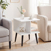Stylish white 2-tier end table with raised metal legs, perfect for living rooms or bedrooms, featuring two compartments.