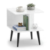 Square white end table with two compartments and raised metal legs, perfect for living room or bedroom decor.