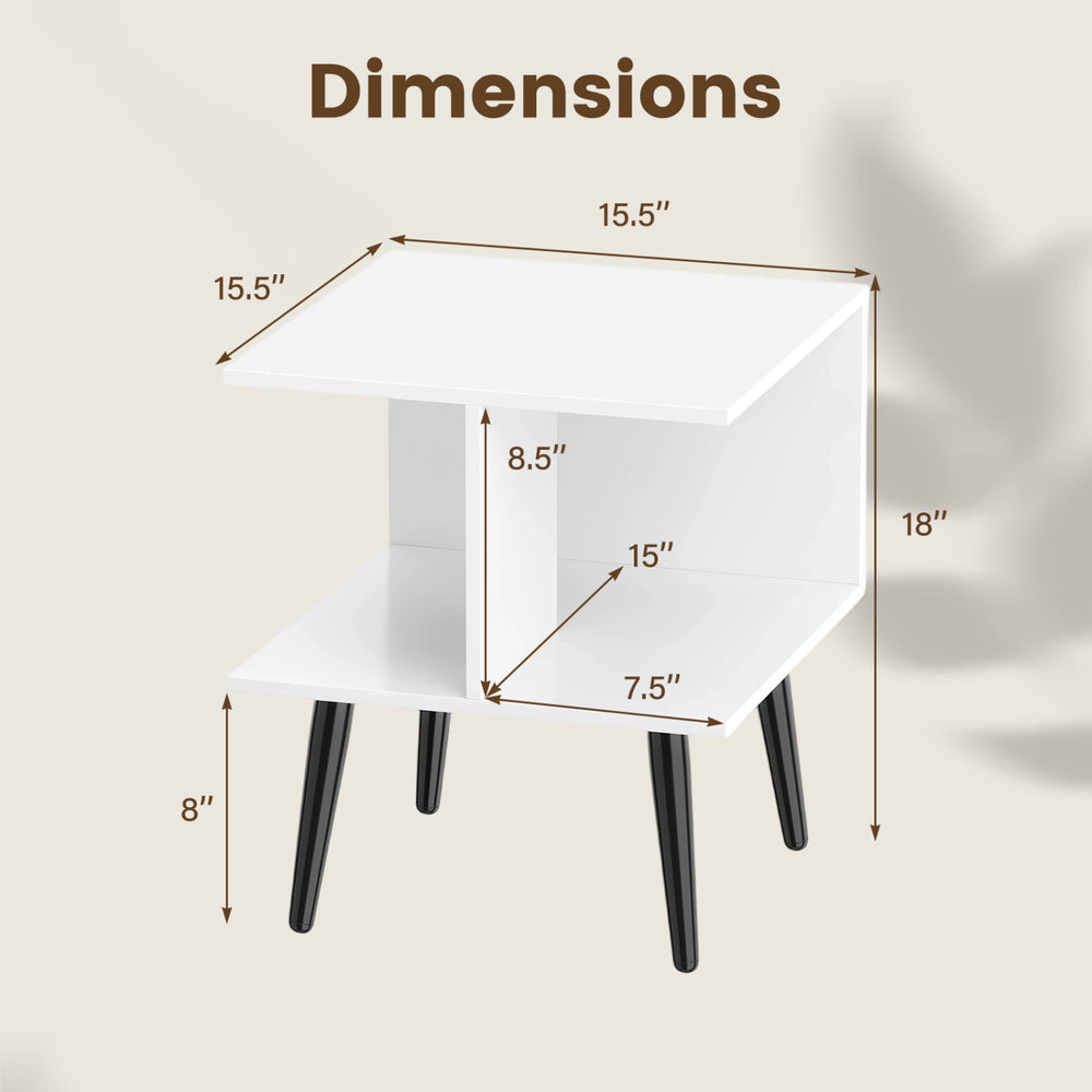 White 2-tier end table with raised metal legs, featuring two compartments, ideal for living room or bedroom use.