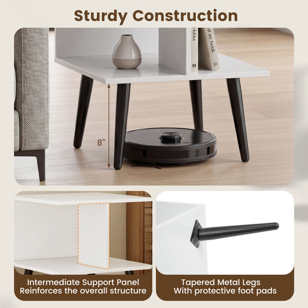 Square white end table with 2 compartments, tapered metal legs, and sturdy construction for versatile living room use.