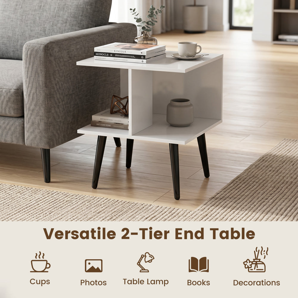 Versatile 2-tier end table in white with raised metal legs, perfect for living rooms or bedrooms to hold lamps and decorations.