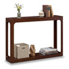 Mid-century 2-tier brown wood console table with storage shelf, featuring a solid rubber wood frame and unique wood.