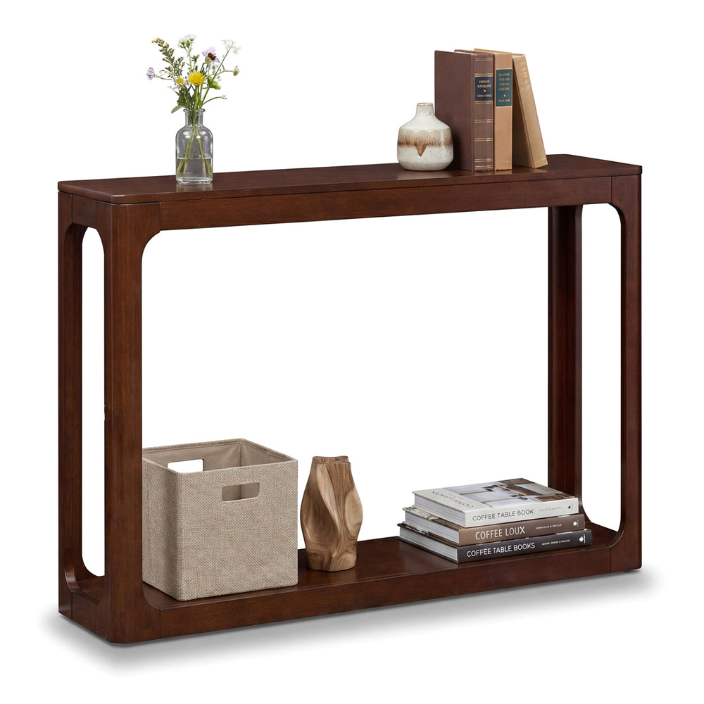 Mid-century 2-tier brown wood console table with storage shelf, featuring a solid rubber wood frame and unique wood.