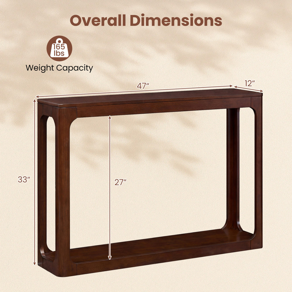 Mid-century 2-tier wood console table in brown, showcasing dimensions and sturdy design for living room or hallway use.