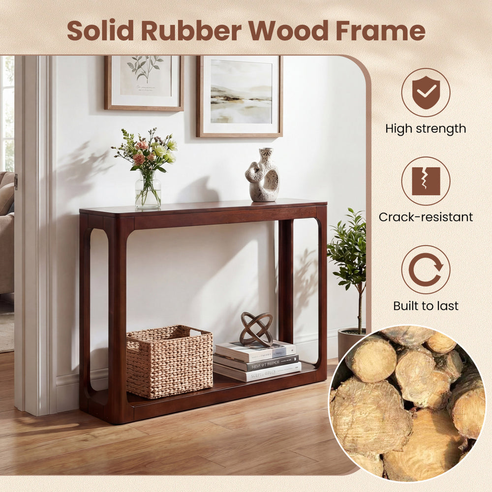 2-tier mid-century console table in brown with solid rubber wood frame, offering ample storage for living room or.