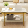 Coffee table with a white sintered stone top and gold metal frame, showcasing a sleek design and ample open storage.