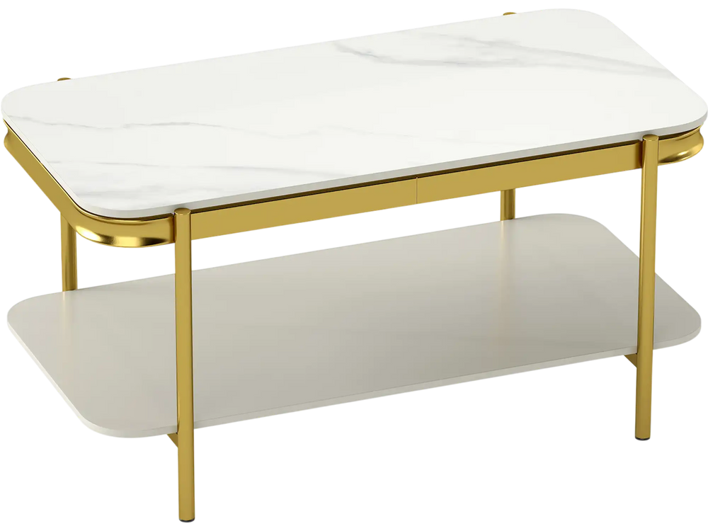 2-Tier coffee table with a white sintered stone top and gold metal frame, highlighting its modern and luxurious design.