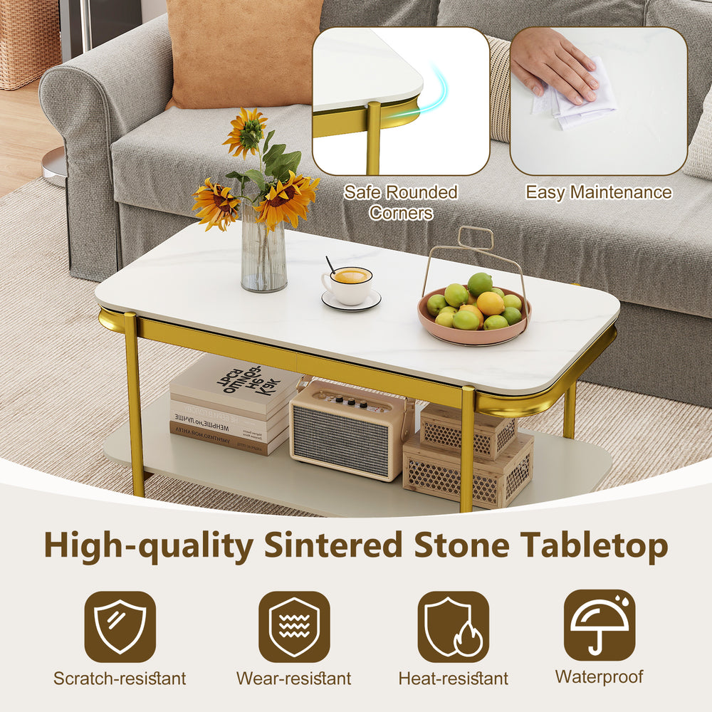 Modern rectangular coffee table with white sintered stone top, featuring a robust metal frame and open storage shelf.