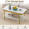 Modern rectangular coffee table with sintered stone top, featuring a 2-tier design for open storage and a stylish metal.