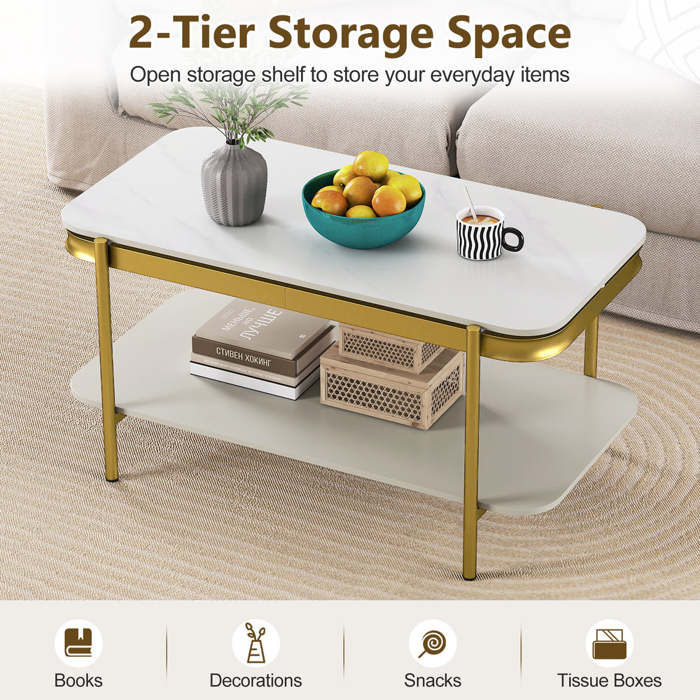 Modern rectangular coffee table with sintered stone top, featuring a 2-tier design for open storage and a stylish metal.