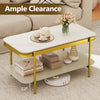 Modern rectangular coffee table with sintered stone top, gold frame, and open storage shelf for stylish living room use.