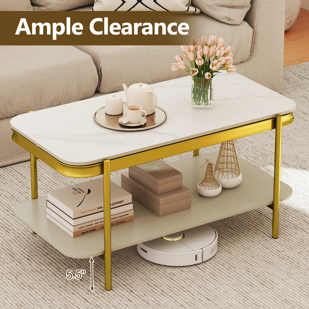Modern rectangular coffee table with sintered stone top, gold frame, and open storage shelf for stylish living room use.