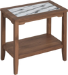 Walnut narrow side table shown at an angle with a marble-inspired tempered glass top and open storage shelf.
