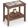 Walnut 2-tier narrow side table with marble-inspired tempered glass top and open storage shelf, shown at an angle.