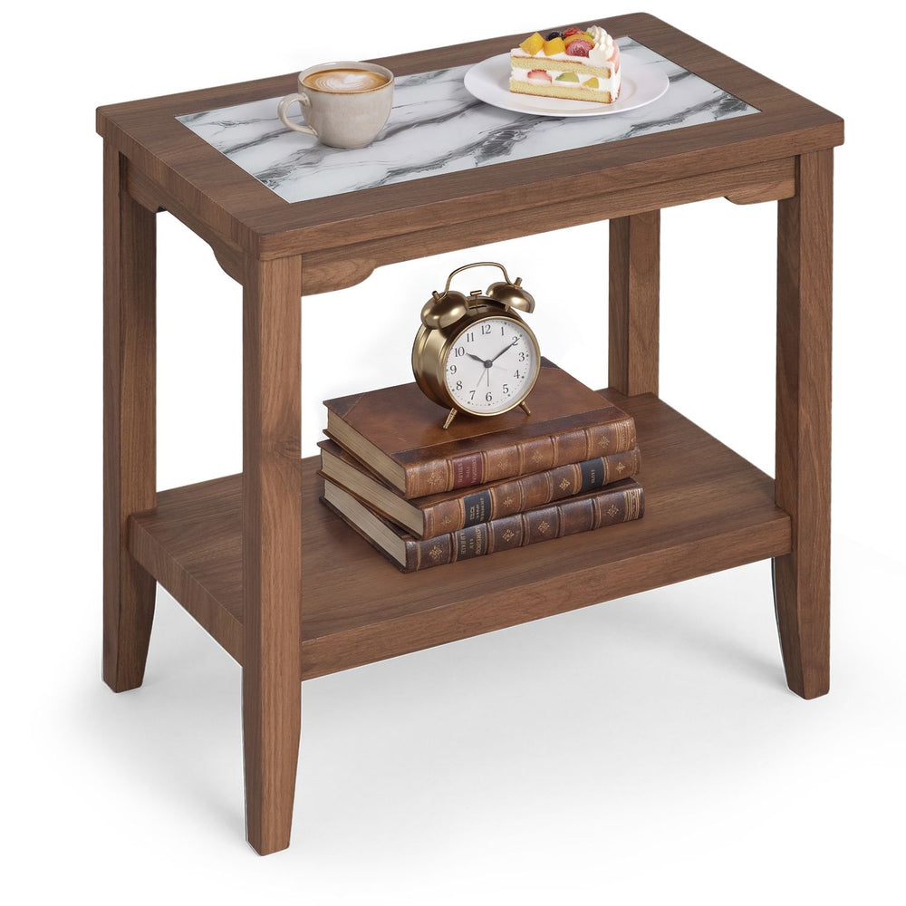 Walnut 2-tier narrow side table with marble-inspired tempered glass top and open storage shelf, shown at an angle.