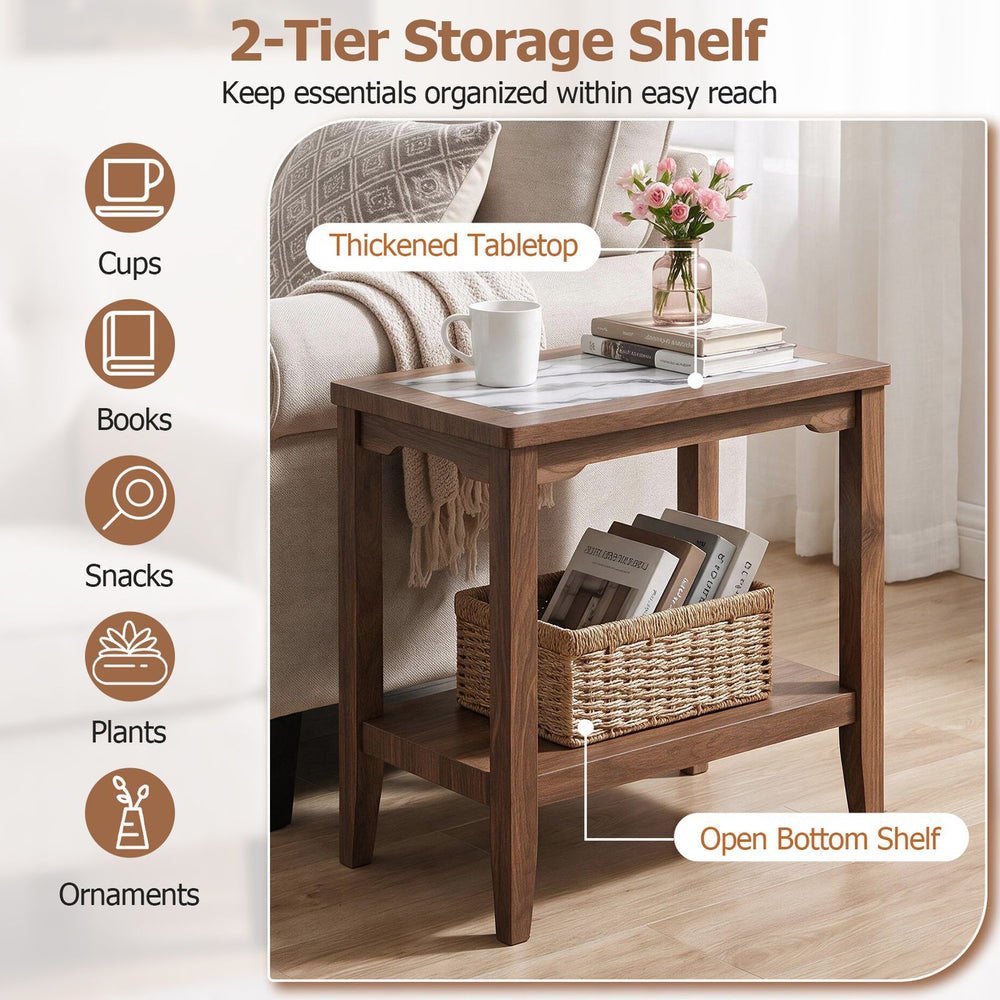 Walnut 2-tier narrow side table with tempered glass top and open bottom shelf beside a sofa.