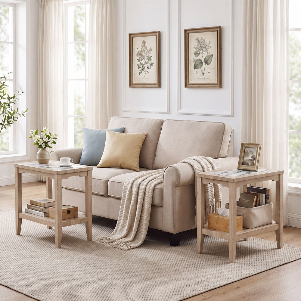 2-Tier Narrow Side Table with Storage Shelf and Tempered Glass Top for Bedside Spaces Set of 2-Oak - Gallery View 1 of 7