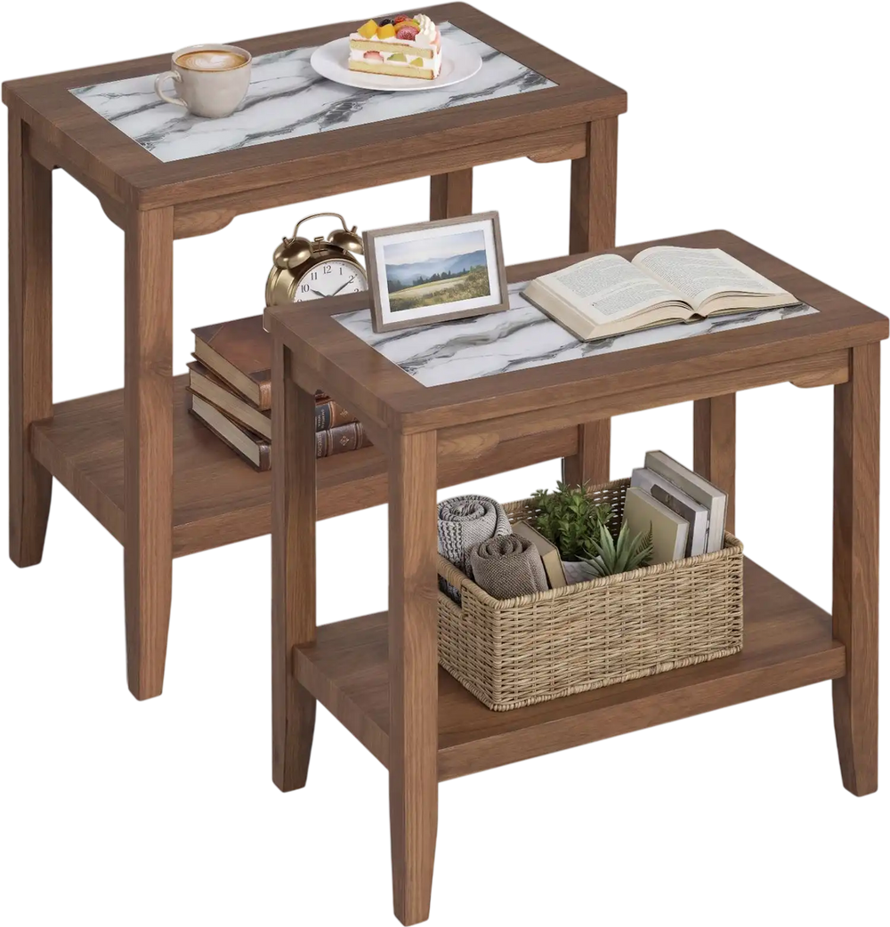 Walnut 2-Tier Narrow Side Table set of 2 with tempered glass top and open storage shelf, shown at an angle.