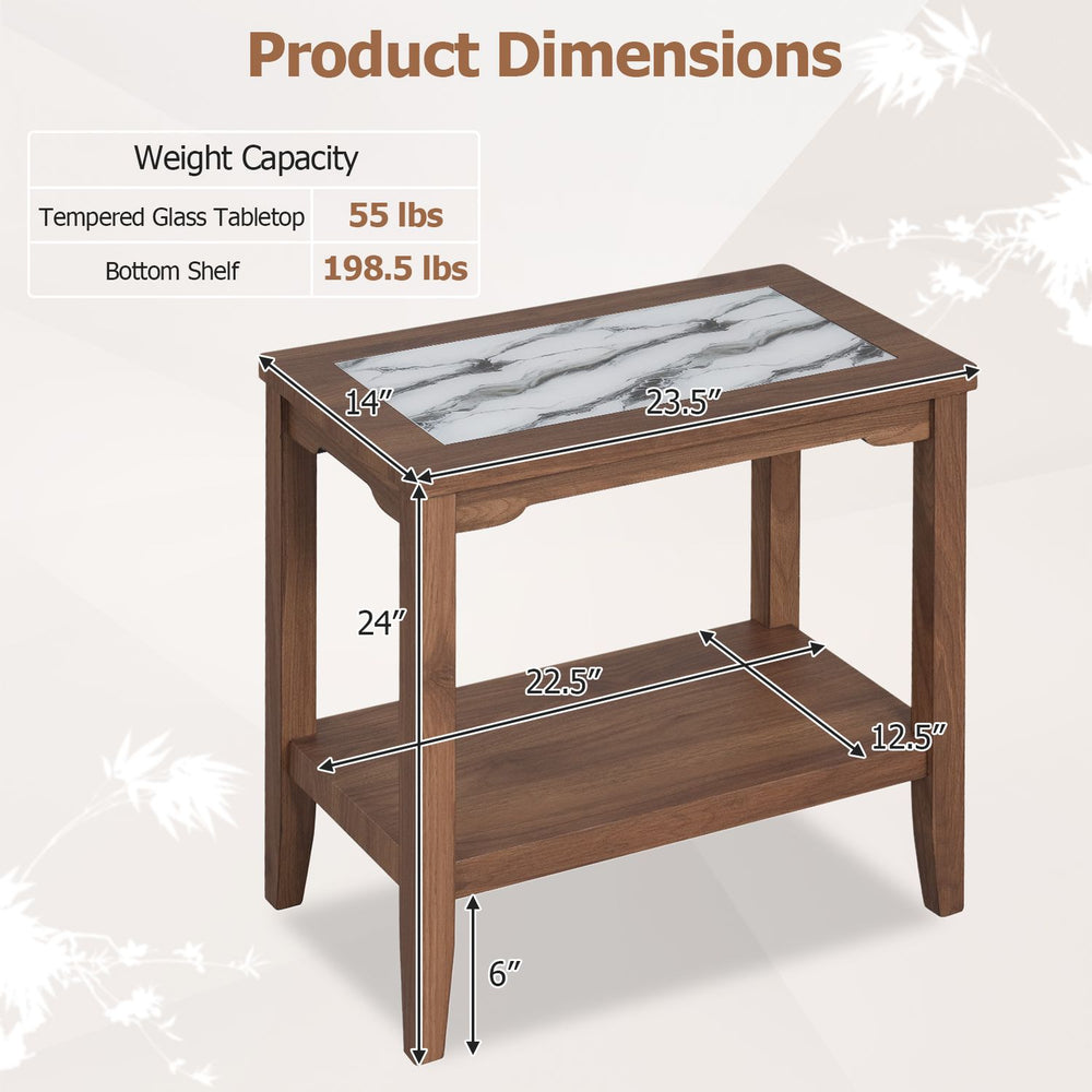 Walnut side table with tempered glass tabletop and open bottom shelf, shown with 23.5" x 14" dimensions.