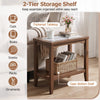Walnut 2-tier narrow side table with tempered glass top and open bottom shelf beside a sofa in a living room.