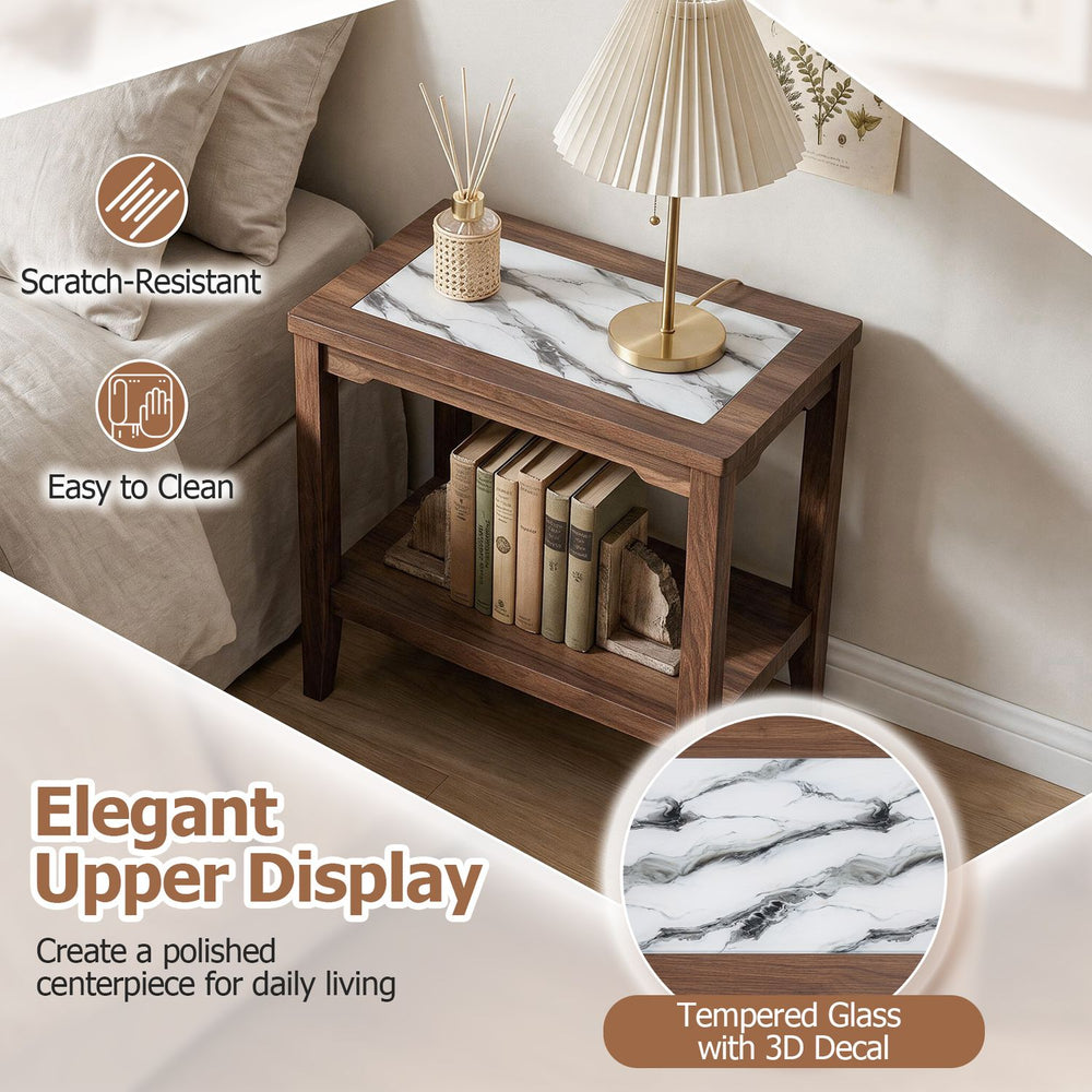 Walnut 2-tier narrow side table with tempered glass top and marble-inspired 3D decal beside a sofa