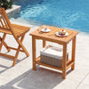 2-tier outdoor acacia wood side table with slatted tabletop and storage shelf, perfect for patio or poolside use.