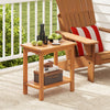 Acacia wood side table with slatted tabletop and storage shelf, perfect for outdoor patio or garden use.