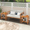 Stylish outdoor acacia wood side table with slatted design, featuring a bottom shelf for easy access to refreshments.