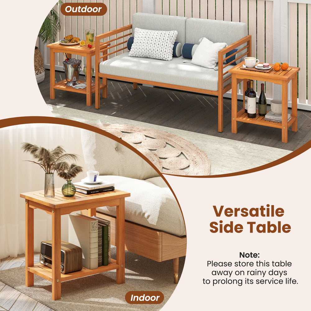 2-tier acacia wood side table with slatted top and storage shelf, ideal for indoor or outdoor use on patios or.