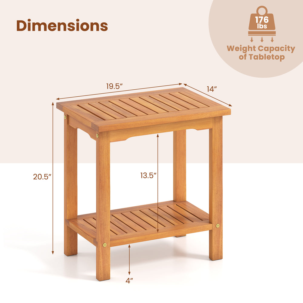 2-tier outdoor acacia wood side table with slatted tabletop, dimensions 19.5" x 14", ideal for patio or balcony use.