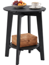 Black 2-tier outdoor eucalyptus wood side table features a slatted tabletop and storage shelf, perfect for backyard use.
