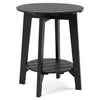 Black 2-tier outdoor eucalyptus wood side table with slatted tabletop and storage shelf, perfect for backyard use.