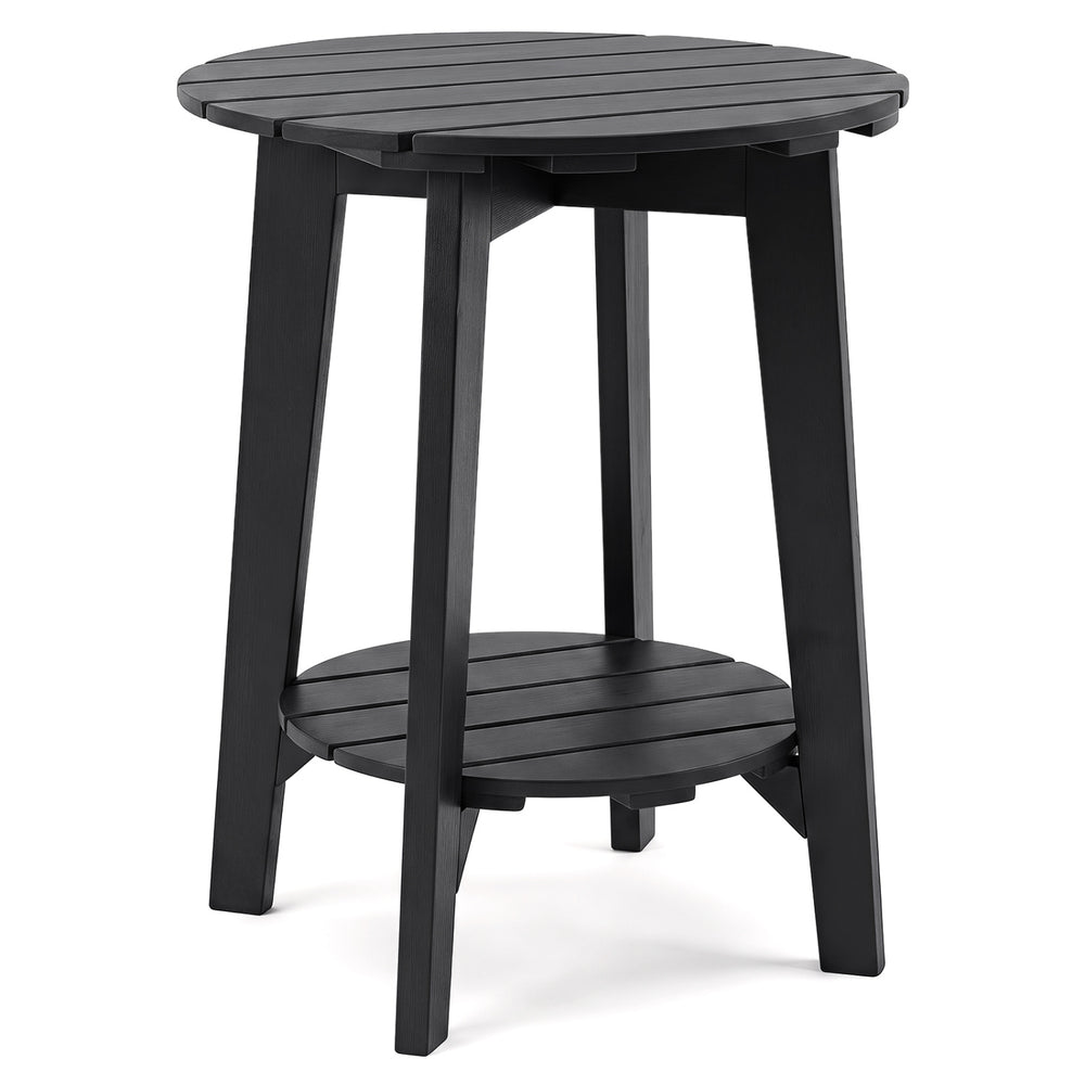 Black 2-tier outdoor eucalyptus wood side table with slatted tabletop and storage shelf, perfect for backyard use.