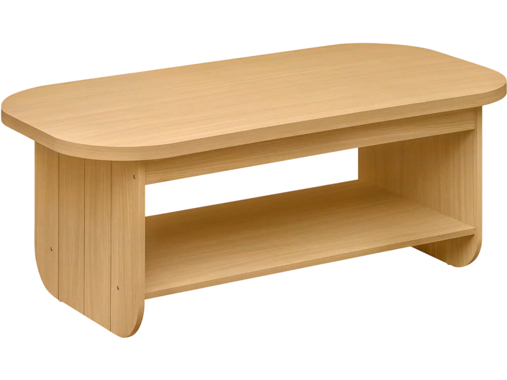 Natural 2-tier oval coffee table with bottom storage shelf, featuring a sturdy design and rounded edges for safety.