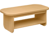 Natural 2-tier oval coffee table with bottom storage shelf, featuring a sturdy design and rounded edges for safety.