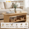 2-Tier oval coffee table with natural finish, featuring bottom storage shelf for magazines and remote controls in.
