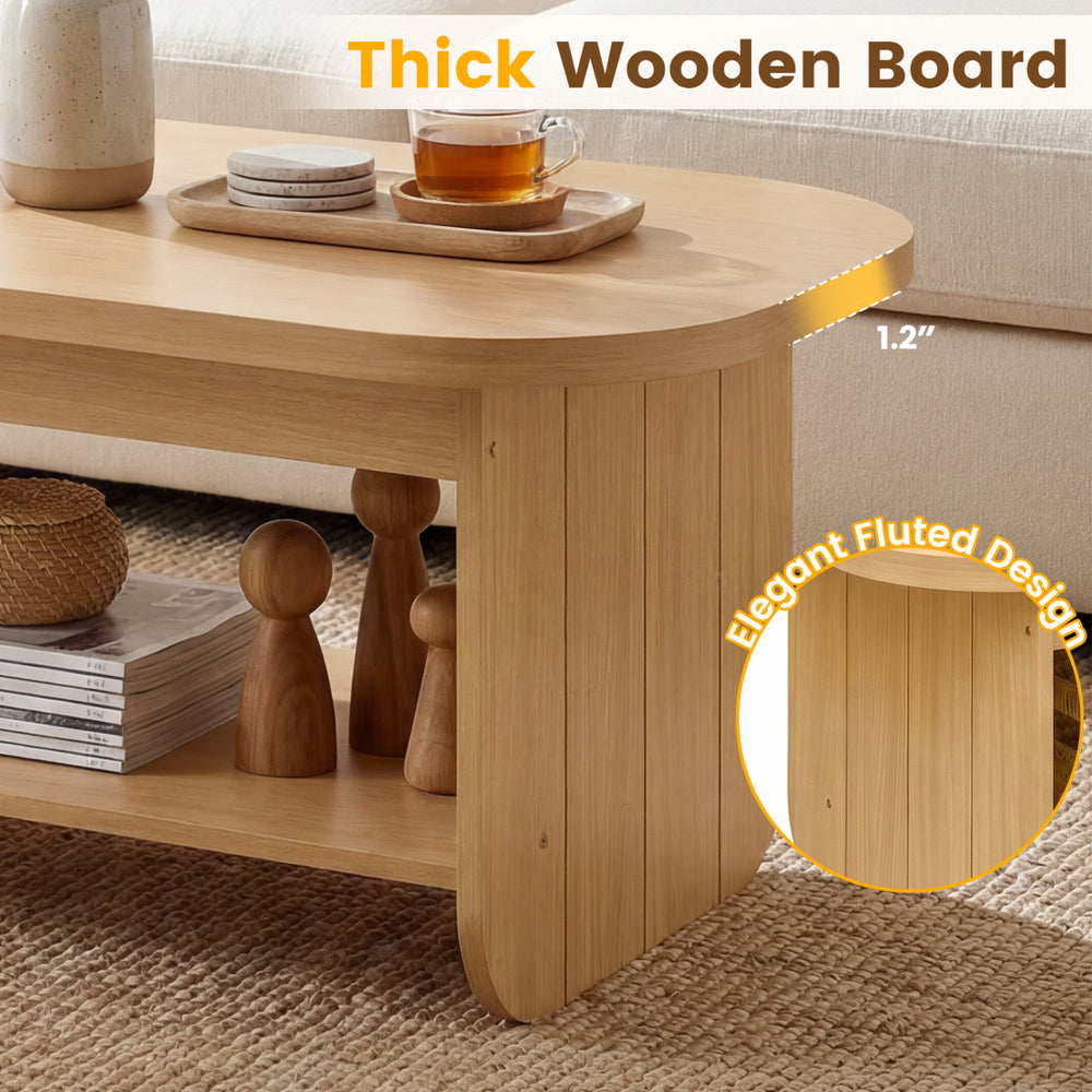 2-tier oval coffee table with a 1.2" thick wooden board and elegant fluted design, perfect for living room storage.